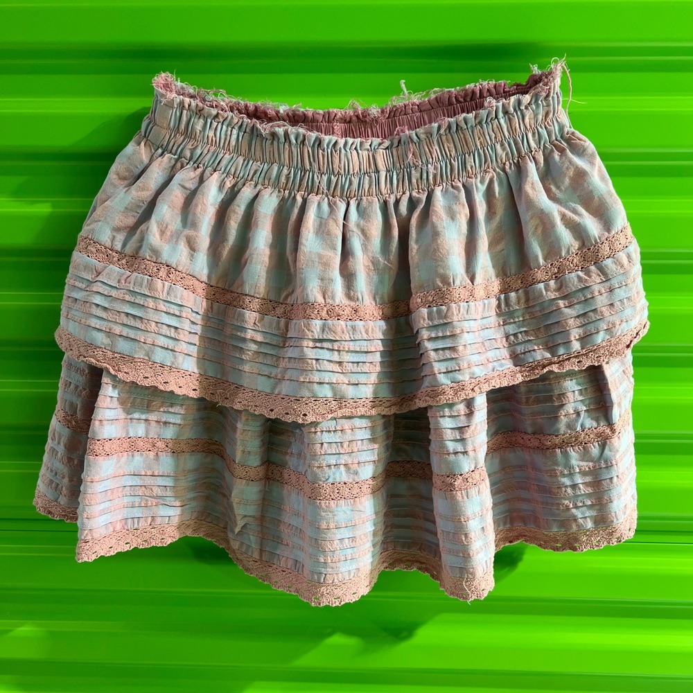 Day + Moon Pink Gingham Tiered Lace Trim Mini Skirt Cottagecore A1324 Size M